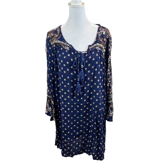 Angie Apparel Navy Paisley Bell-Sleeve Peasant Dress Size Large - Picture 2 of 11